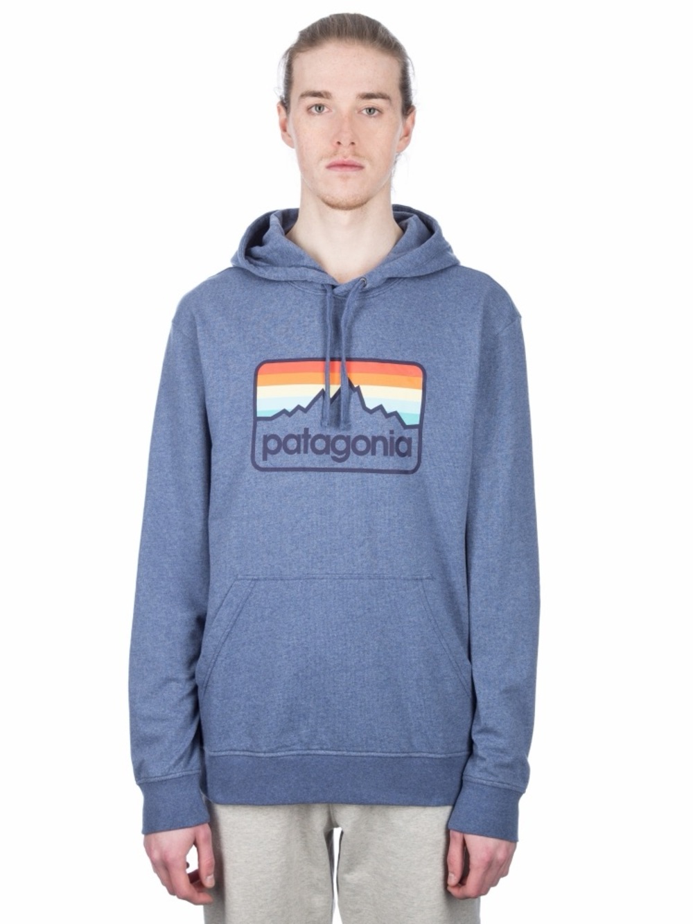 Patagonia Blue Pullover Hoodie with Rainbow Logo